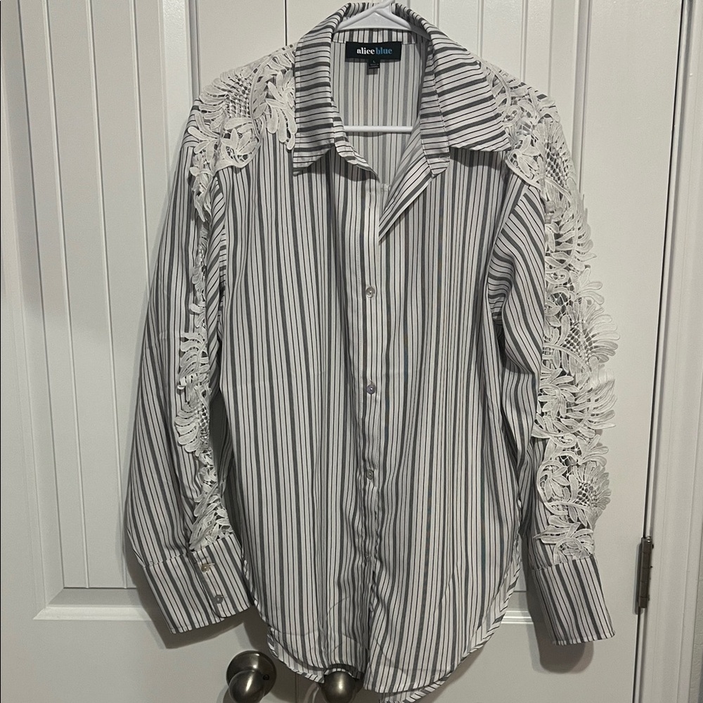 Alice Blue Black and White Striped Shirt with Lace Accents
